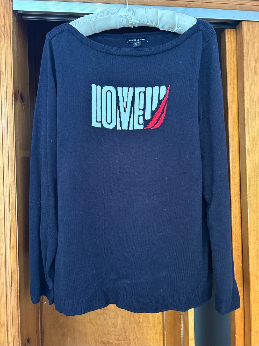 Nautica Navy Crewneck Sweater with Light Blue LOVE and Red Accent